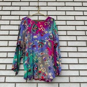 Vintage Adini India Rayon Tunic Blouse S/M Bold Floral 80s Boho Hippie Festival